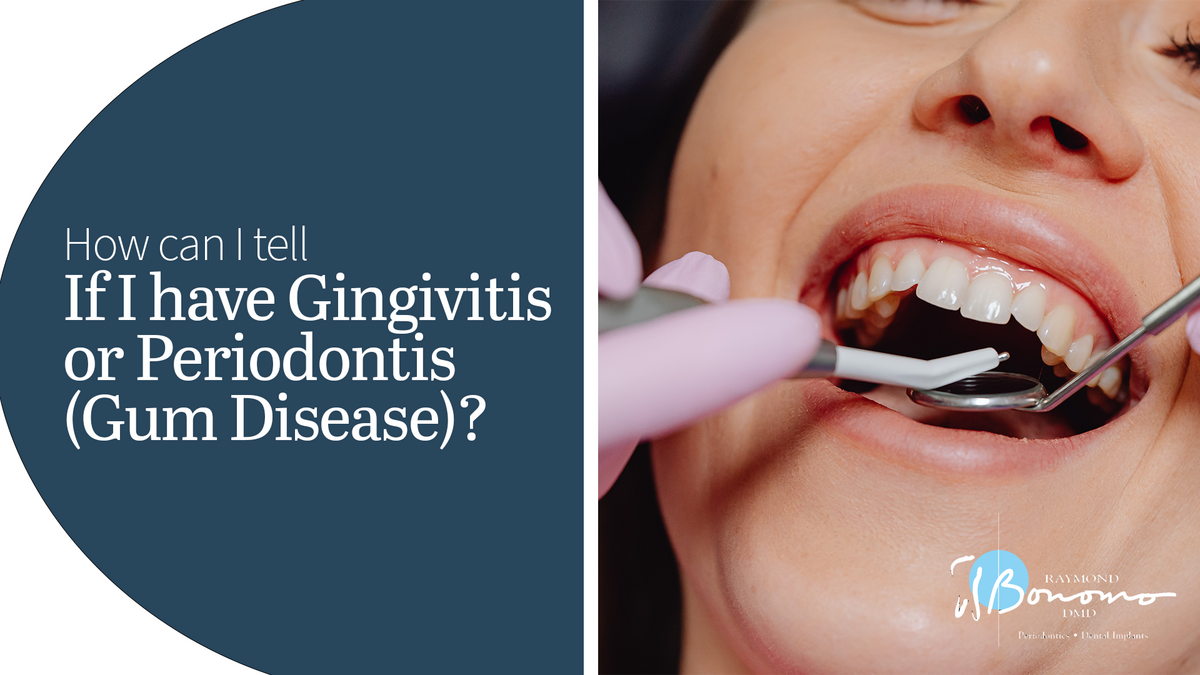 A woman having a dental exam. The text reads, "How Can I Tell If I Have Gingivitis or Periodontitis (Gum Disease)?"